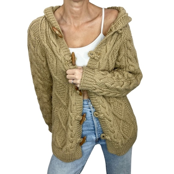 Ryan New York Korea chunky cable knit tan hooded fisherman cardigan sweater - Picture 1 of 10